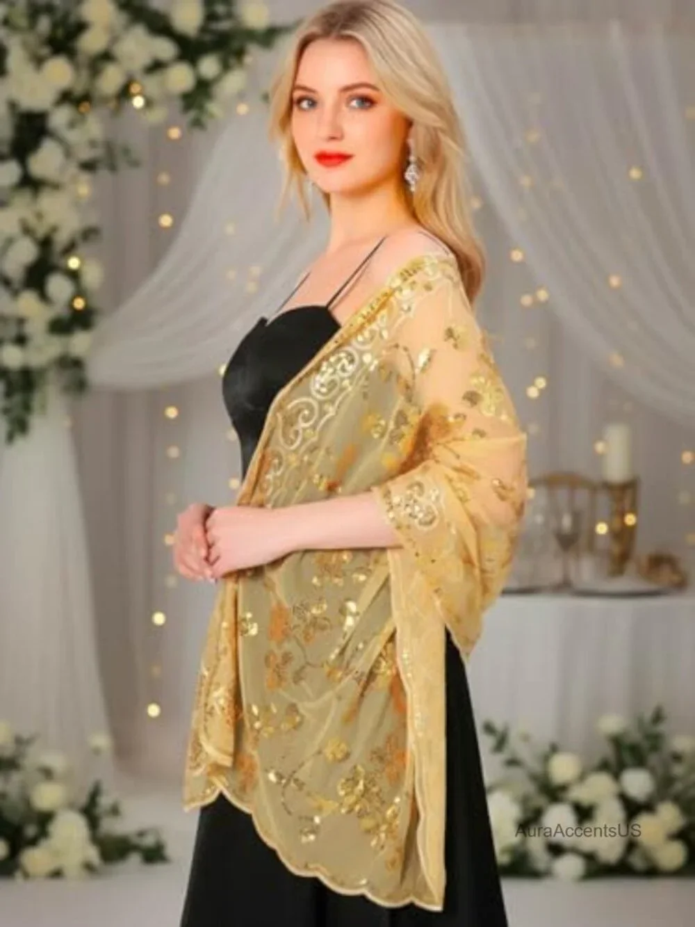 Sequin Sheer Pashmina Shawl Wrap for Wedding Bridal Evening Dress